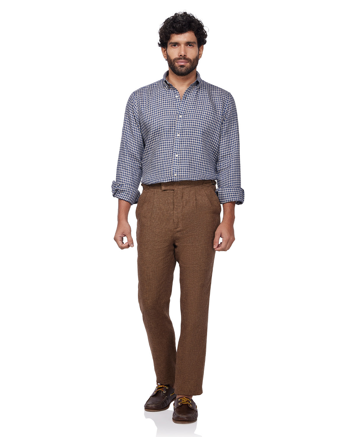 100% Linen Checked Shirt - Blue & Beige