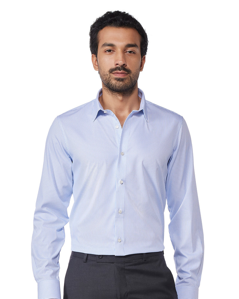 Wrinkle-Free Bamboo-Blend Stretch Striped Shirt - Blue