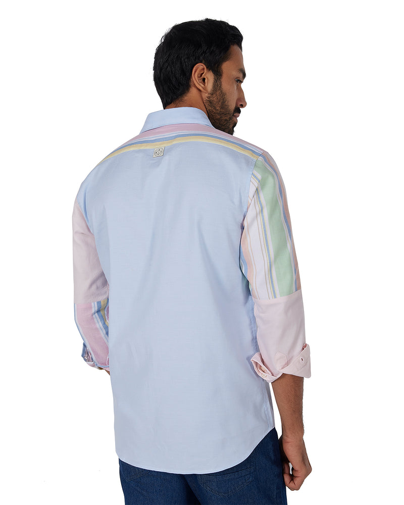 Blue Oxford Striped Patchwork Shirt