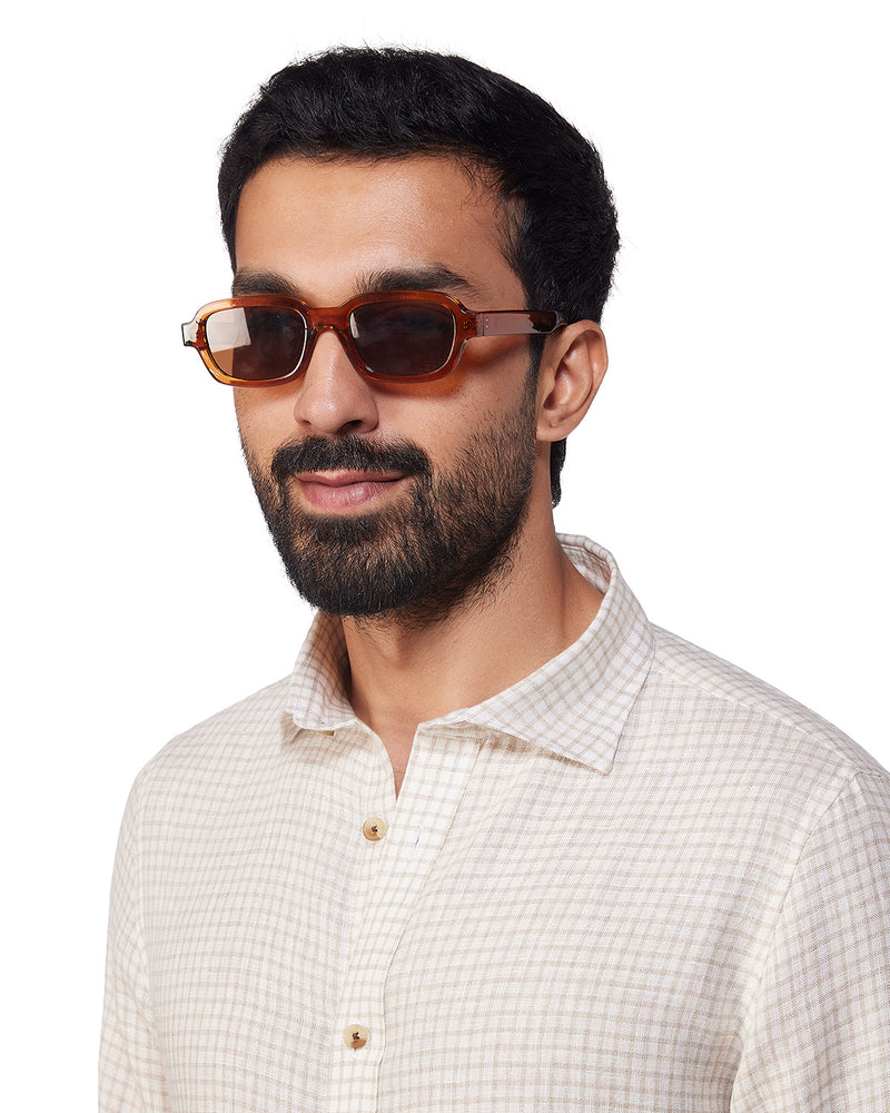 100% Linen Checked Shirt - White & Beige