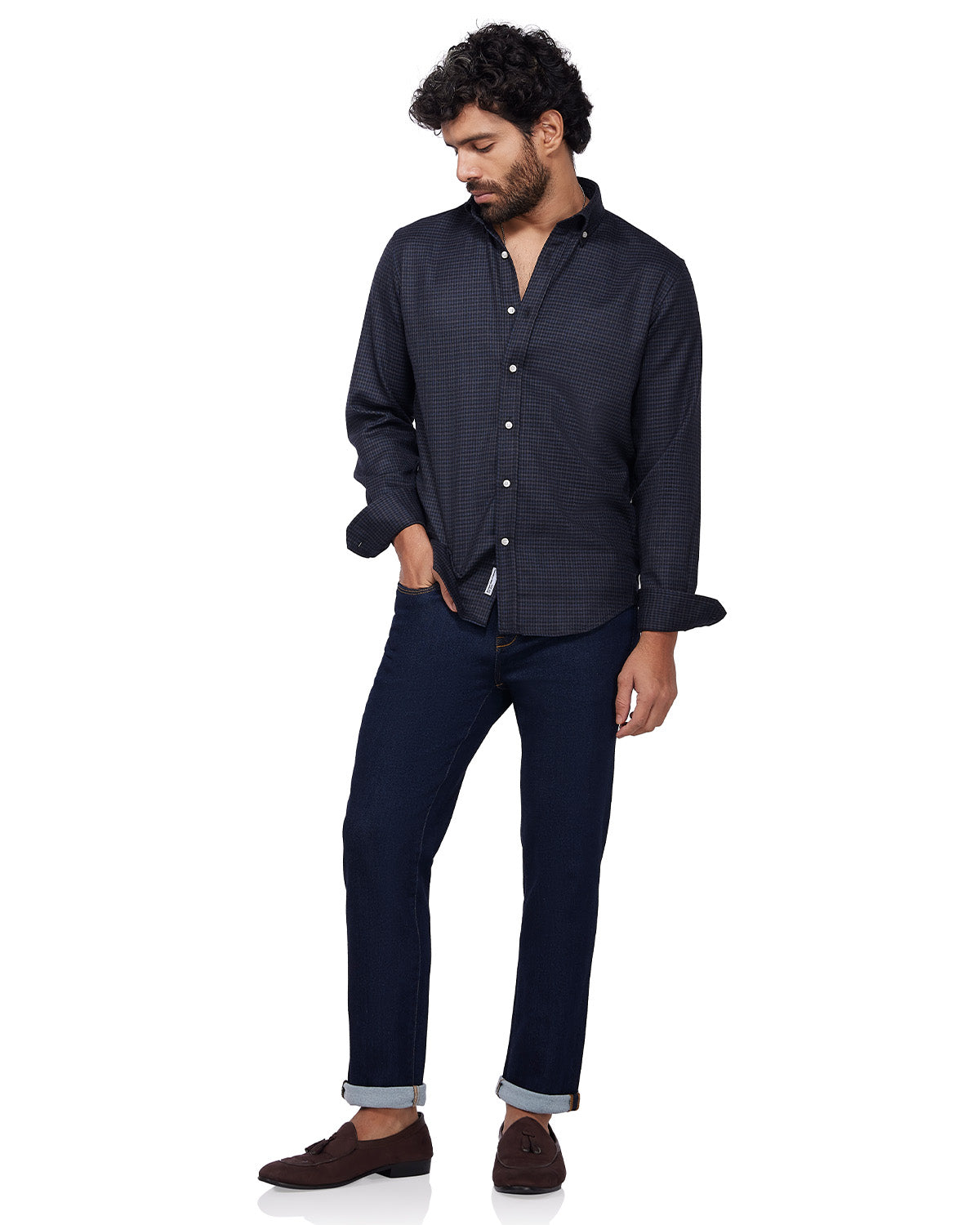 Japanese Blended Wool Stretch Flannel Shirt - Navy & Grey