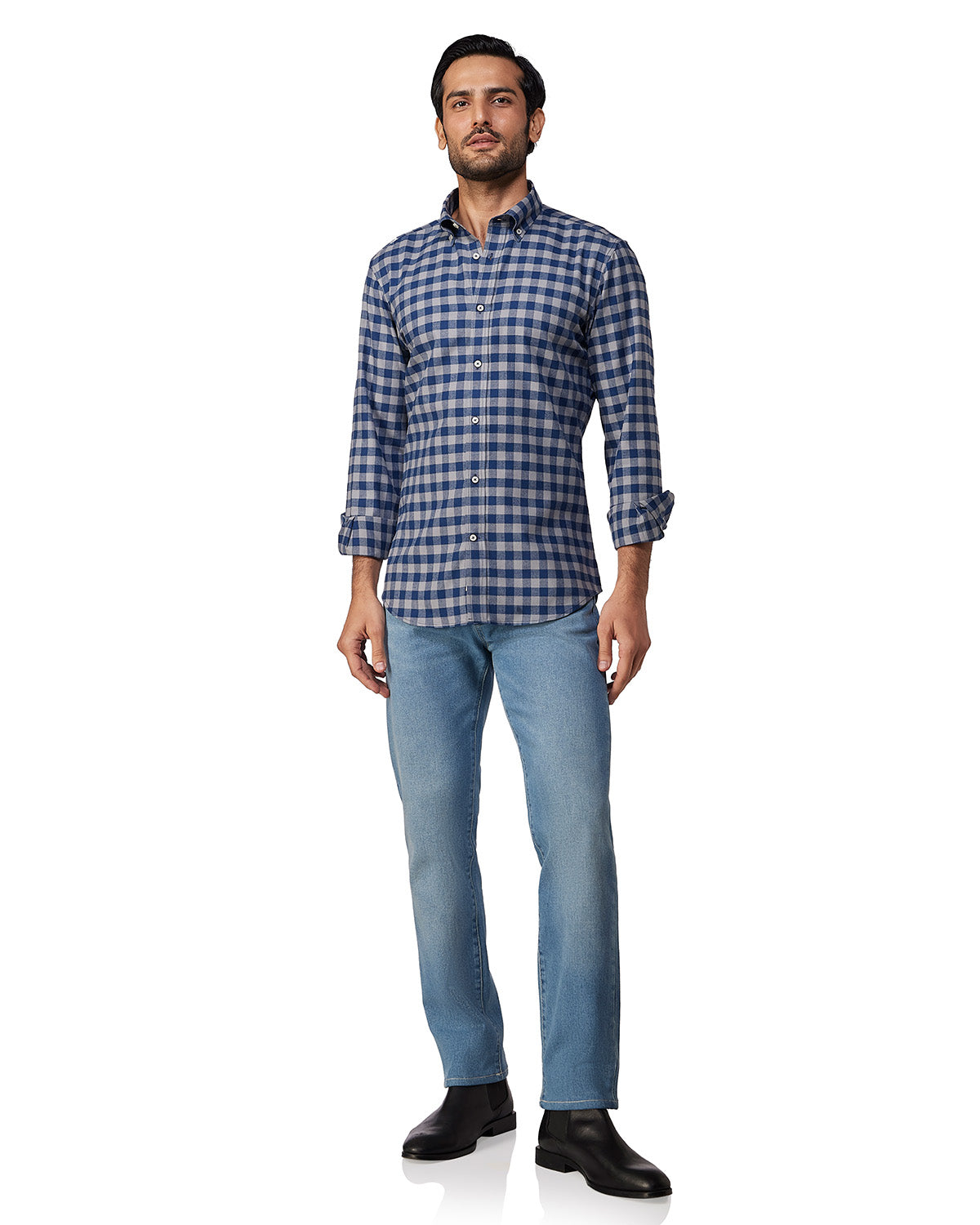 Brushed Herringbone Checked Shirt - Navy & Grey