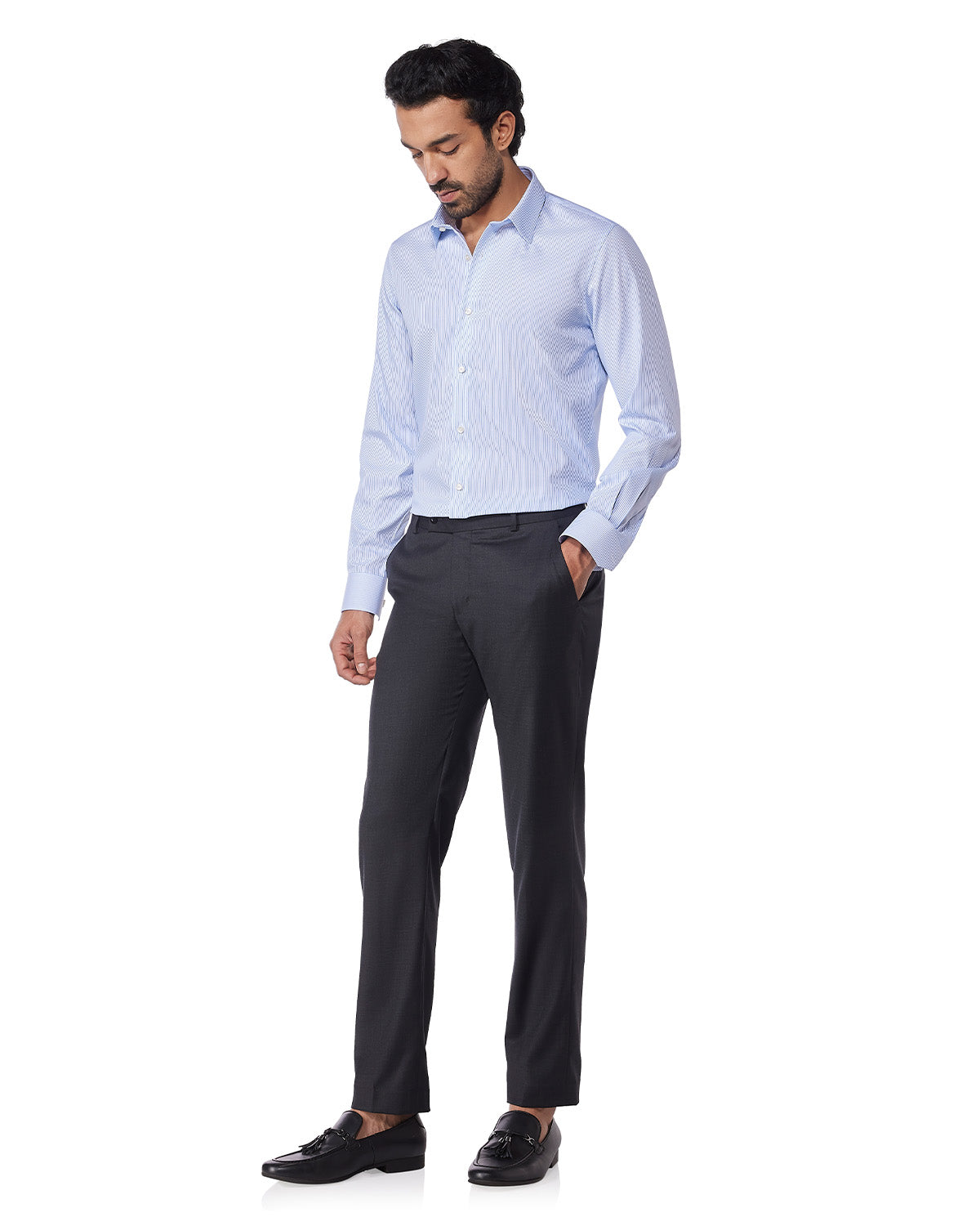 Wrinkle-Free Bamboo-Blend Stretch Striped Shirt - Blue