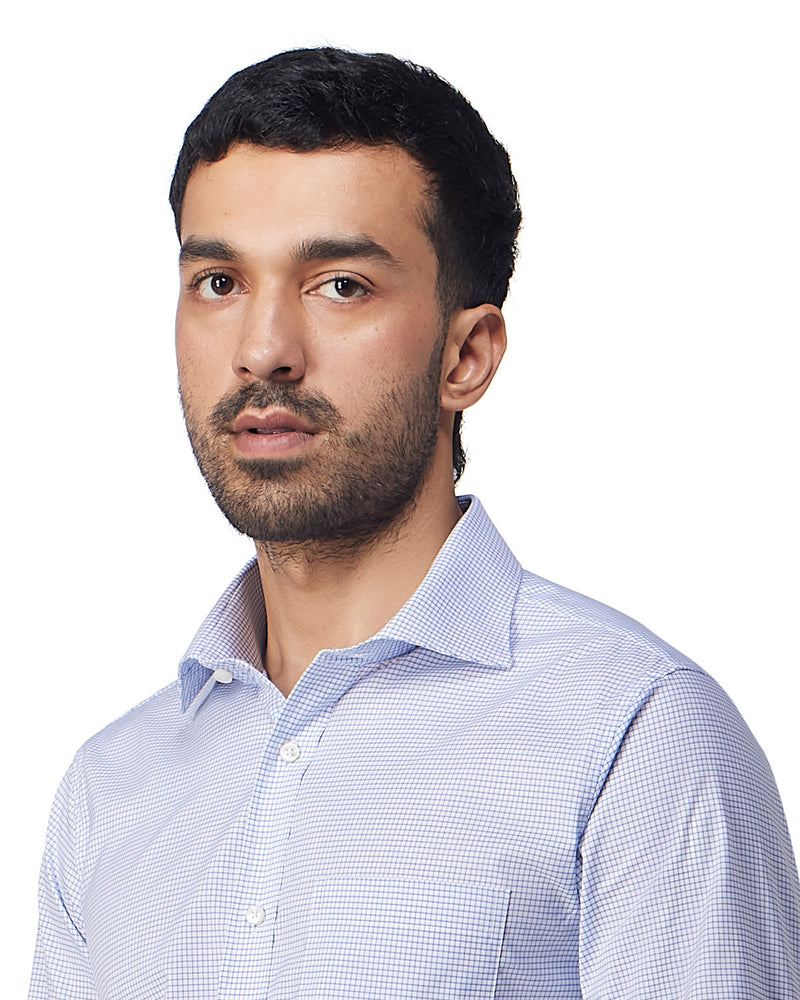 Stretch Cotton Checked Shirt - Blue