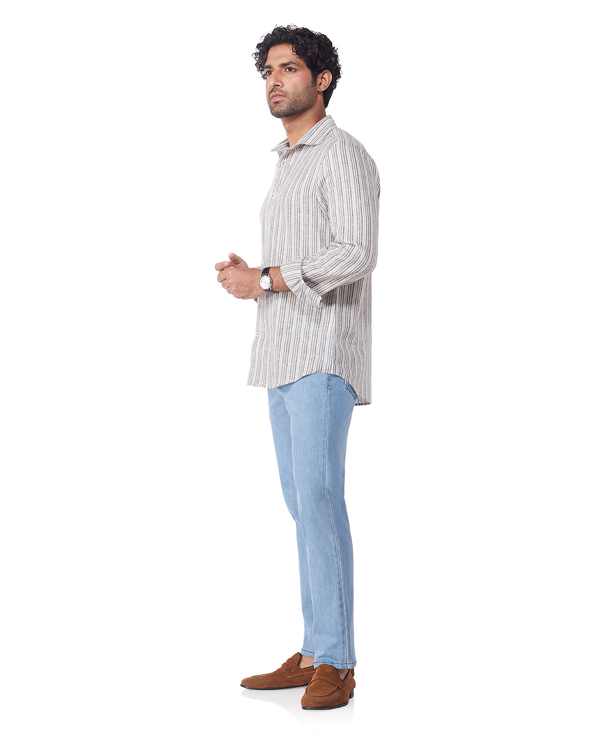100% Linen Striped Shirt - Brown & Navy