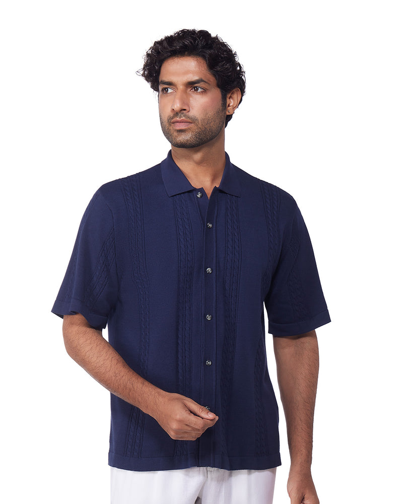 Blue Half-Sleeve Jacquard Flat Knit Shirt