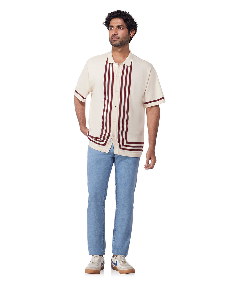 Cream & Red Half-Sleeve Flat Knit Shirt