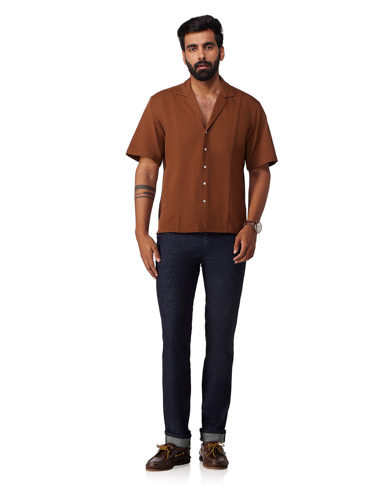 Brown Half-Sleeve Cut & Sew Stretch Knit Shirt