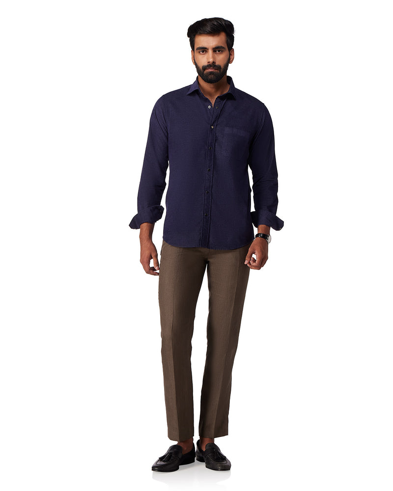 Navy Blue Cotton Blend Corduroy Shirt