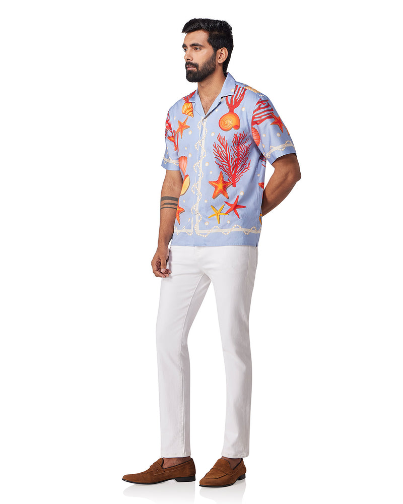 Blue Half-Sleeve Seashell Printed Shirt