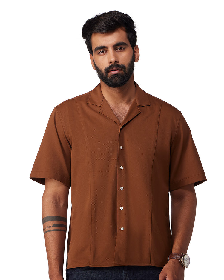 Brown Half-Sleeve Cut & Sew Stretch Knit Shirt