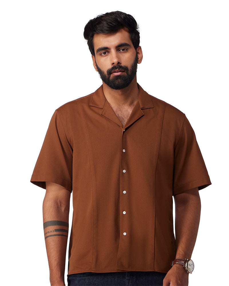 Brown Half-Sleeve Cut & Sew Stretch Knit Shirt