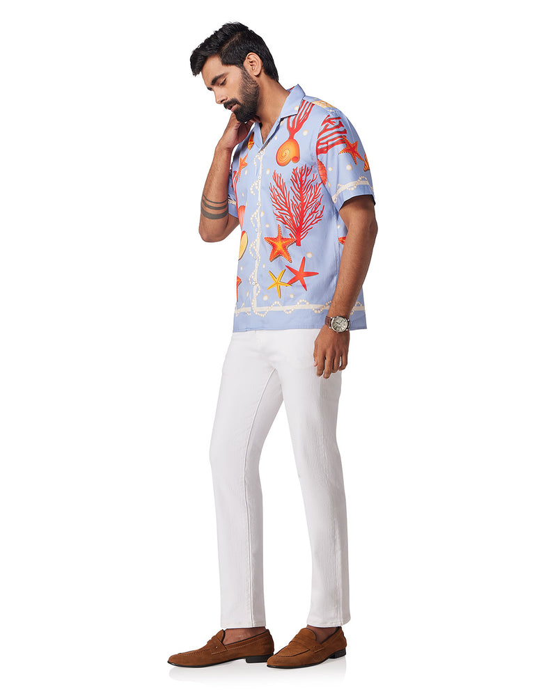 Blue Half-Sleeve Seashell Printed Shirt