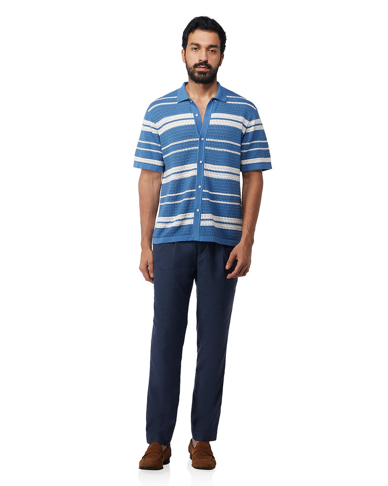 Blue & White Half-Sleeve Flat Knit Striped Shirt