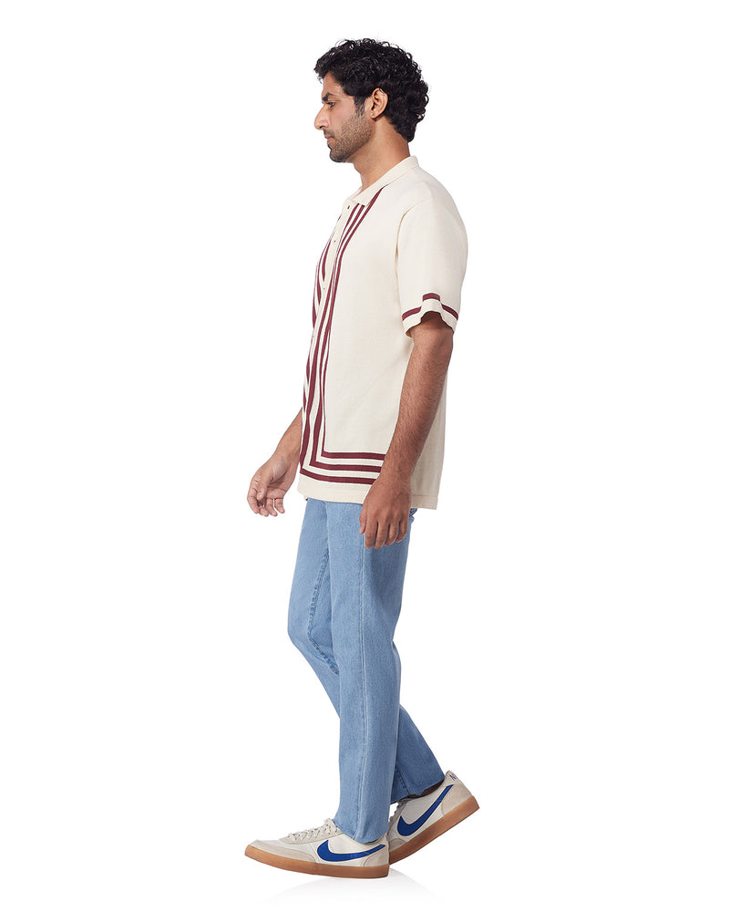 Cream & Red Half-Sleeve Flat Knit Shirt