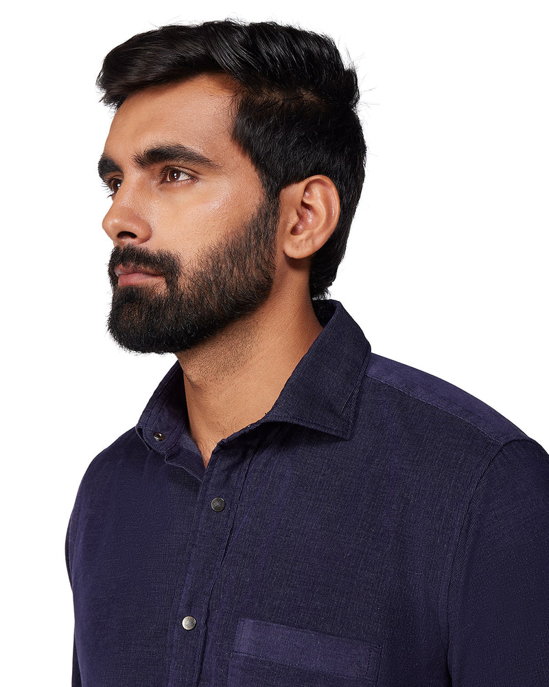 Navy Blue Cotton Blend Corduroy Shirt