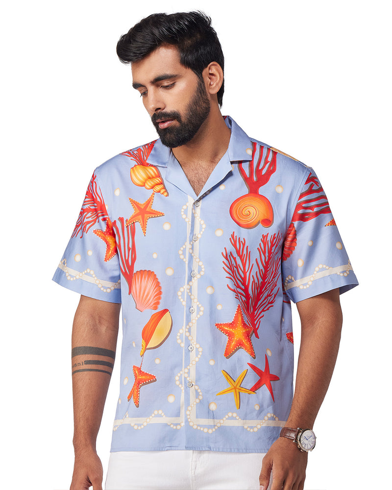 Blue Half-Sleeve Seashell Printed Shirt