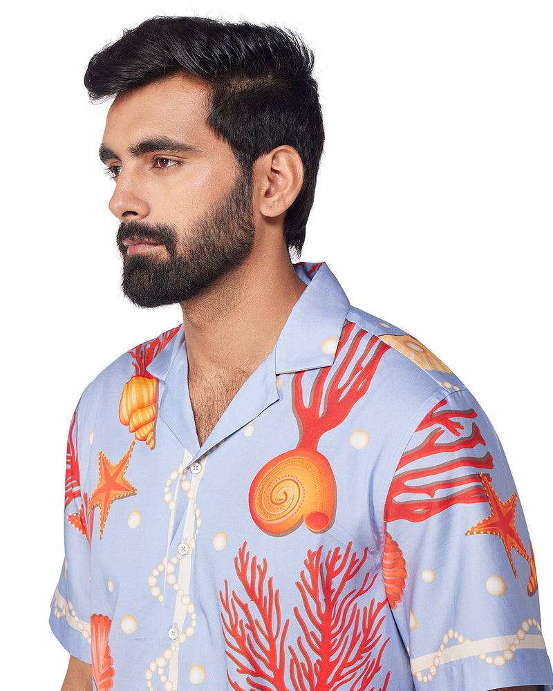 Blue Half-Sleeve Seashell Printed Shirt