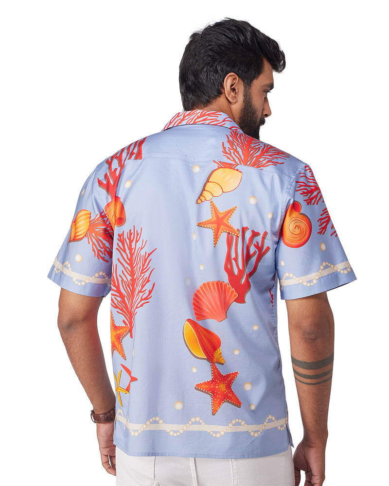Blue Half-Sleeve Seashell Printed Shirt