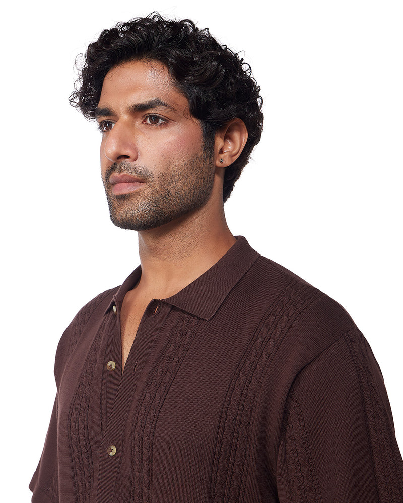 Brown Half-Sleeve Jacquard Flat Knit Shirt