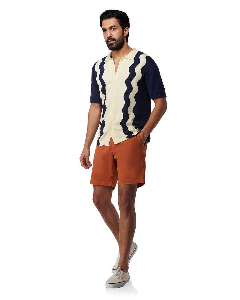 Dark Blue & Ecru Half-Sleeve Flat Knit Shirt