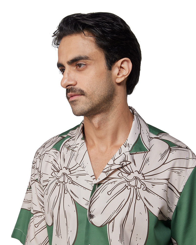 Green Half-Sleeve Floral Printed Shirt