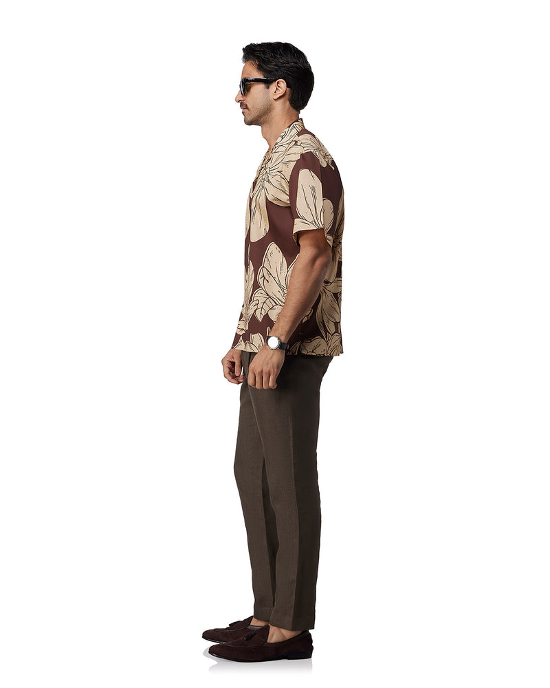 Brown Half-Sleeve Floral Printed Shirt