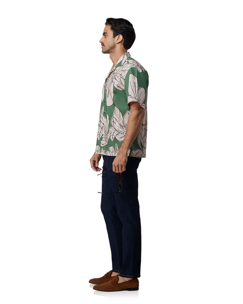 Green Half-Sleeve Floral Printed Shirt