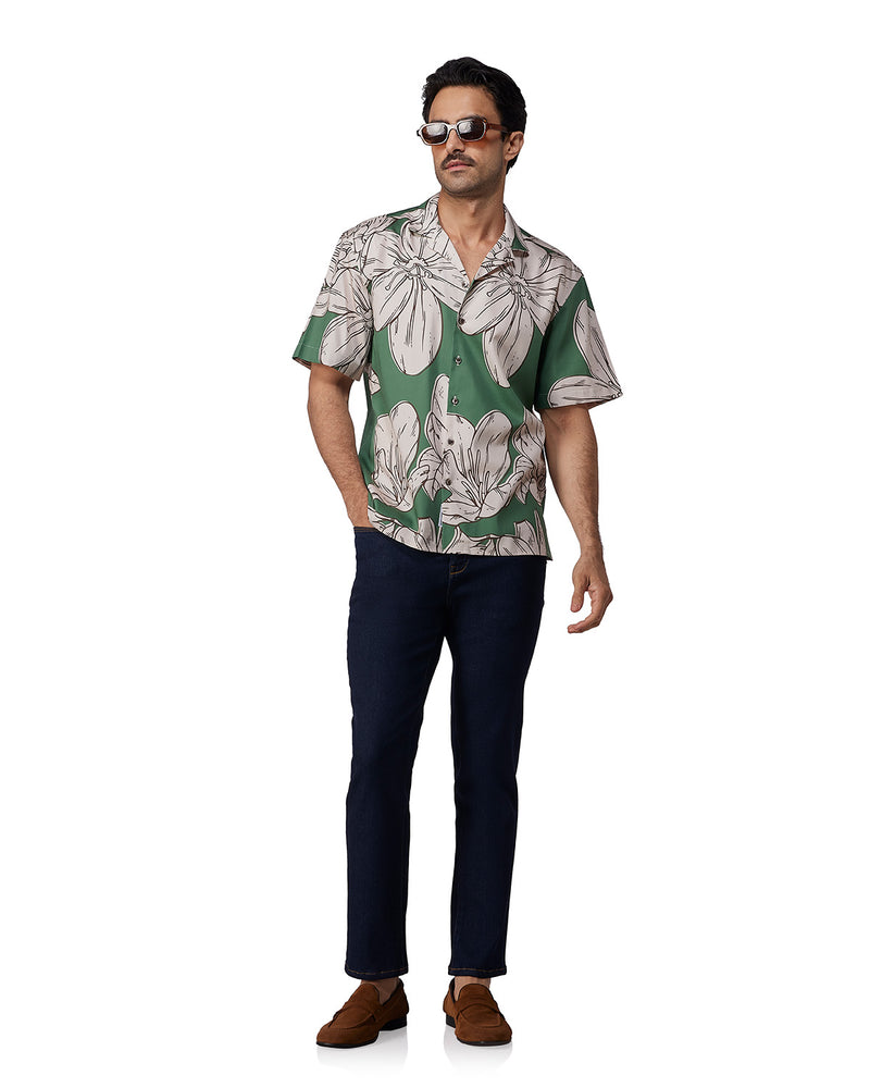 Green Half-Sleeve Floral Printed Shirt