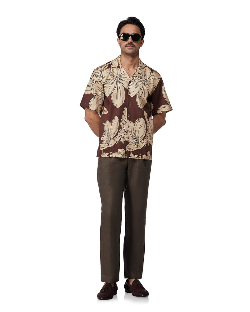 Brown Half-Sleeve Floral Printed Shirt