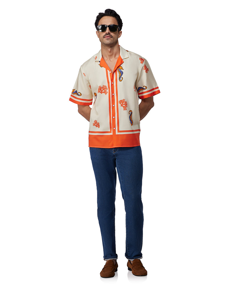 Ecru & Orange Half-Sleeve Seahorse Printed Shirt