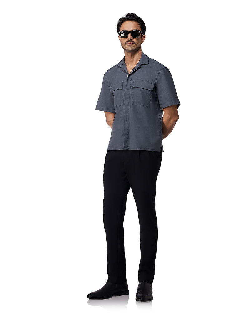 Dark Grey Half-Sleeve Stretch Denim Shirt