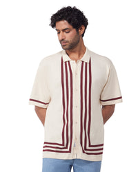 Cream & Red Half-Sleeve Flat Knit Shirt