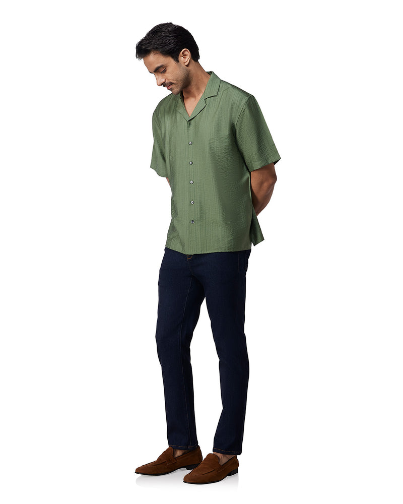 Green Half-Sleeve Self-Striped Dobby Shirt