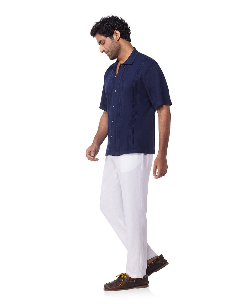 Blue Half-Sleeve Jacquard Flat Knit Shirt