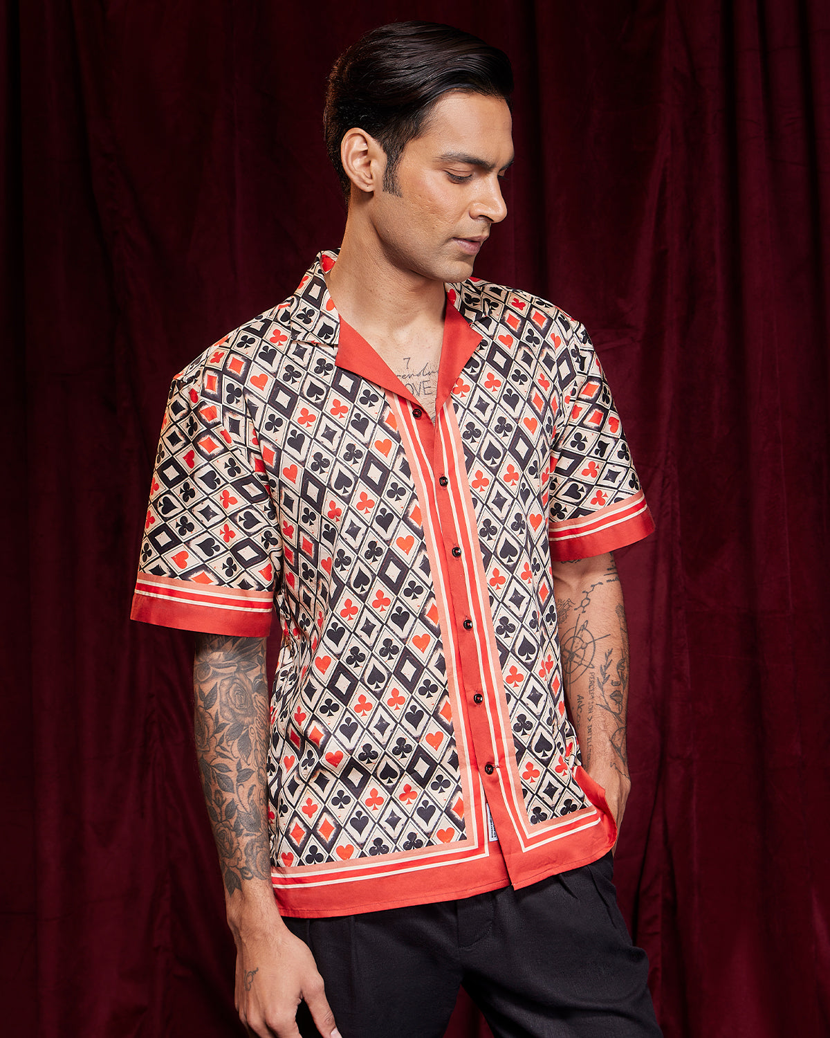 Black & Red Card Suit Printed Shirt