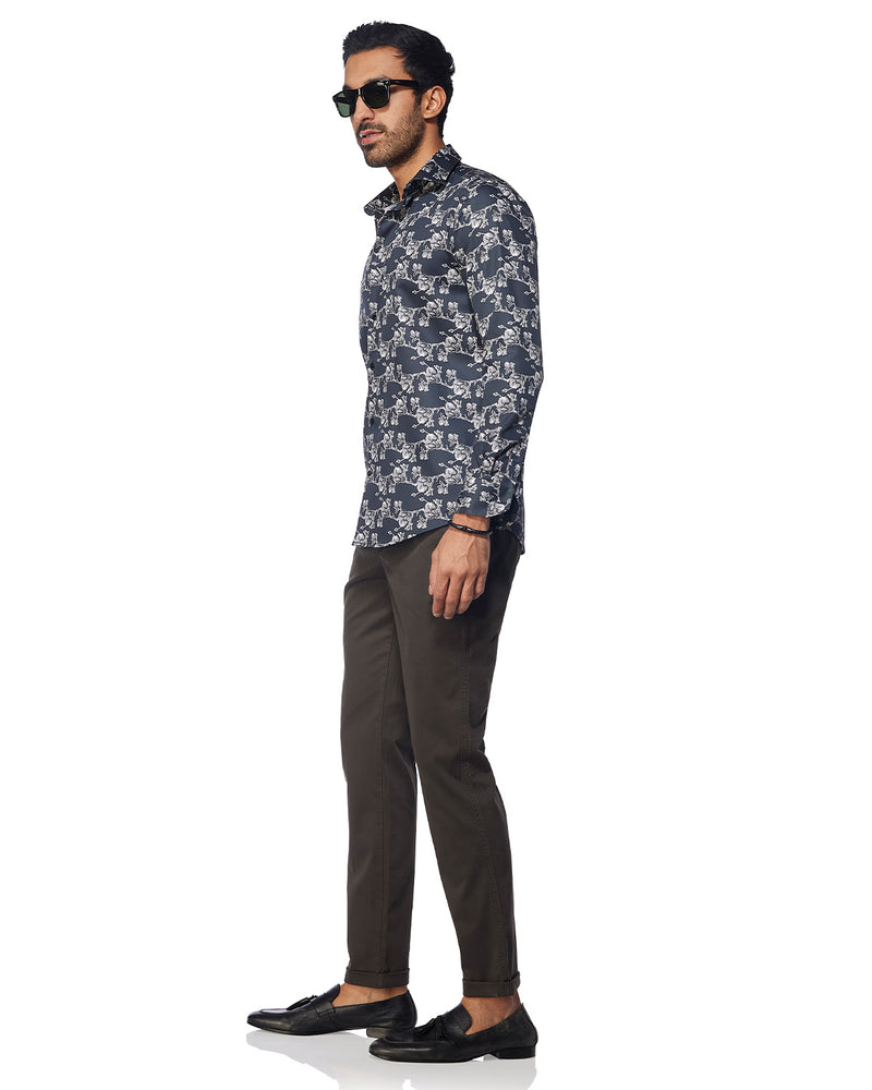 Grey & Black Floral Printed Shirt