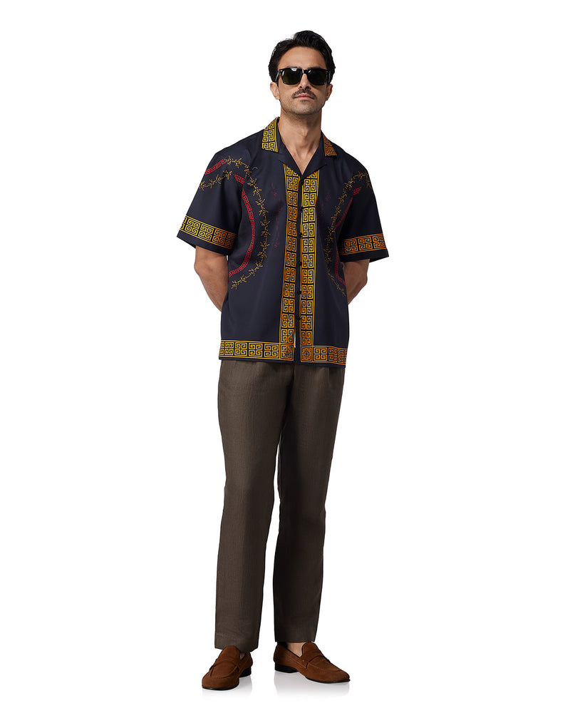 Black & Ochre Half-Sleeve Printed Shirt
