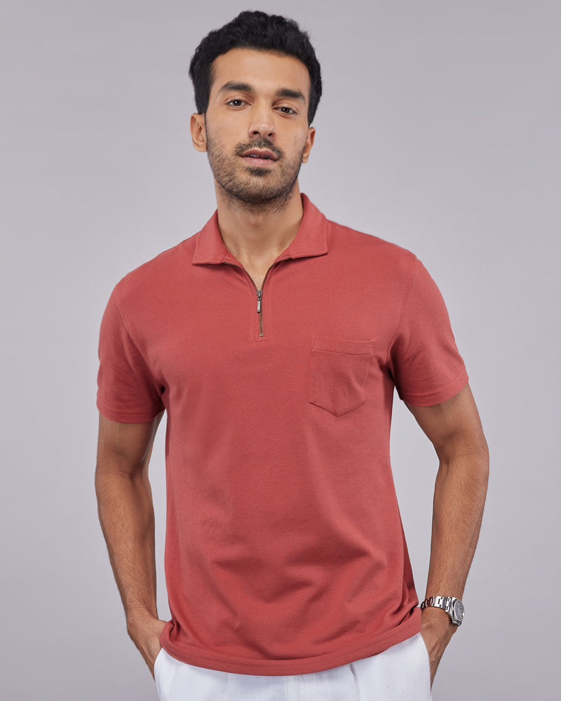 Signature Zipper Polo T-Shirt - Rust