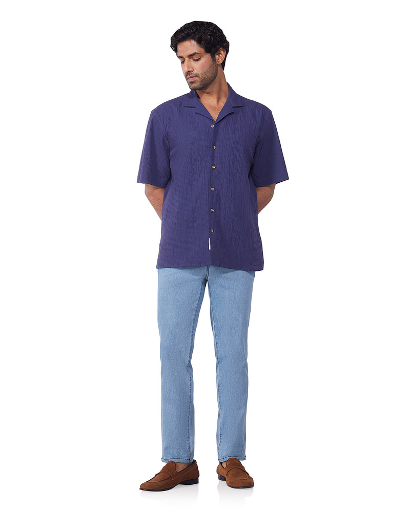 Navy Blue Half-Sleeve Crinkled Shirt