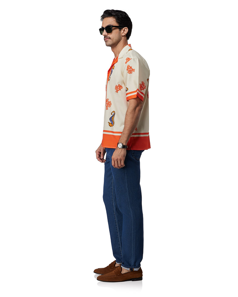 Ecru & Orange Half-Sleeve Seahorse Printed Shirt