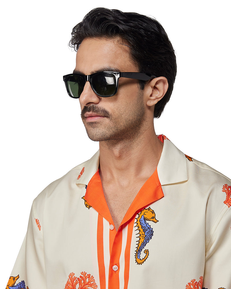 Ecru & Orange Half-Sleeve Seahorse Printed Shirt
