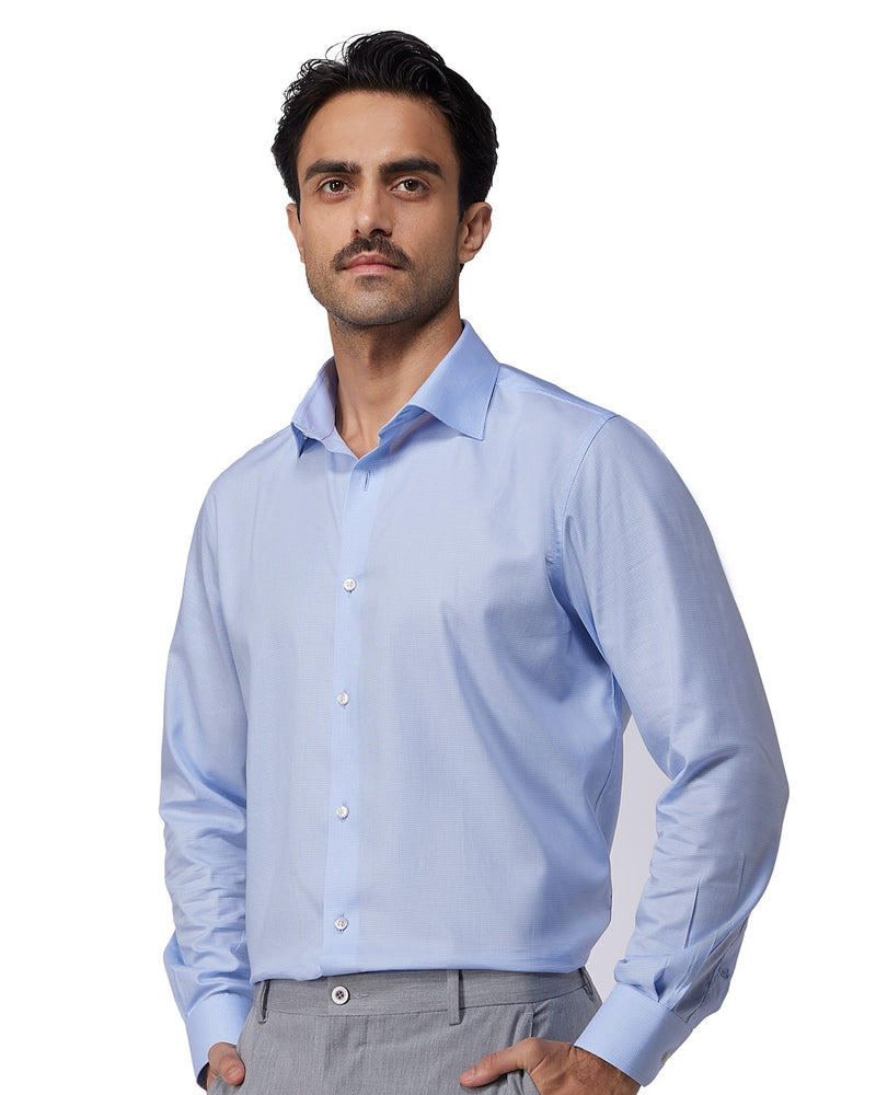Light Blue Twill Micro-Checked Shirt
