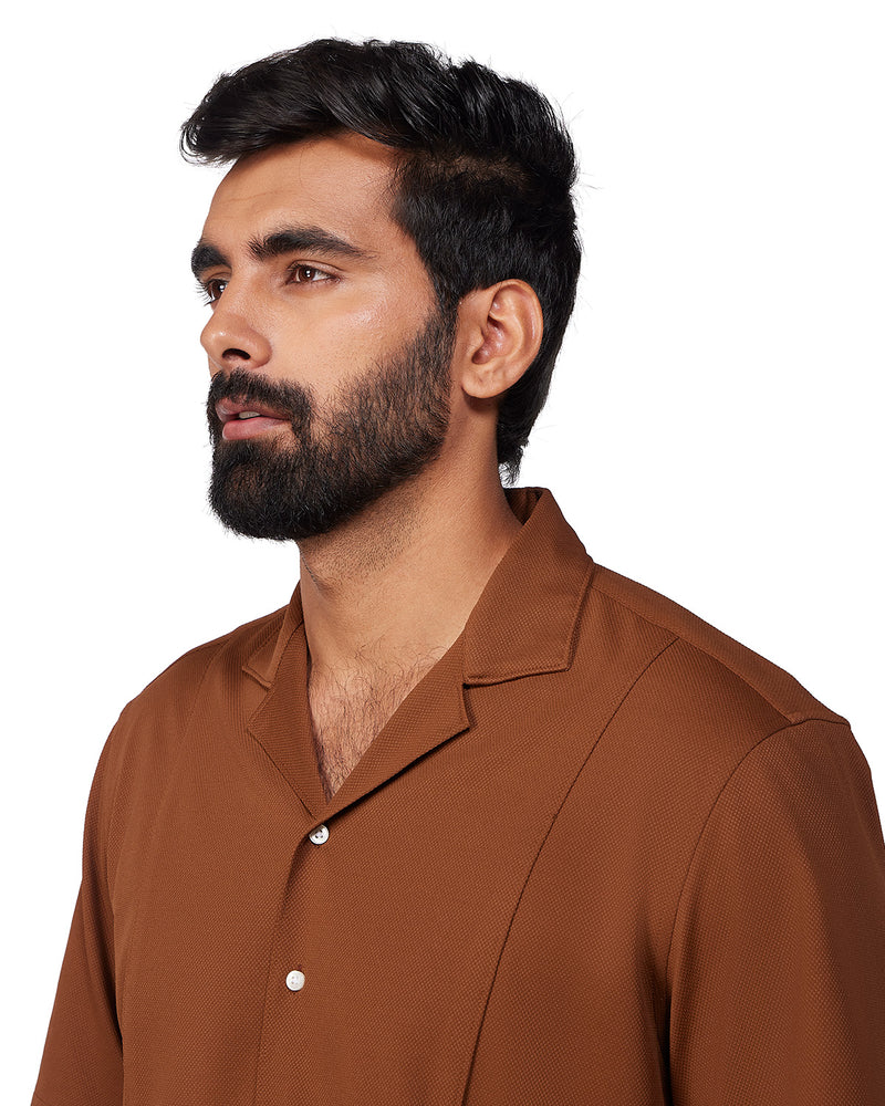 Brown Half-Sleeve Cut & Sew Stretch Knit Shirt