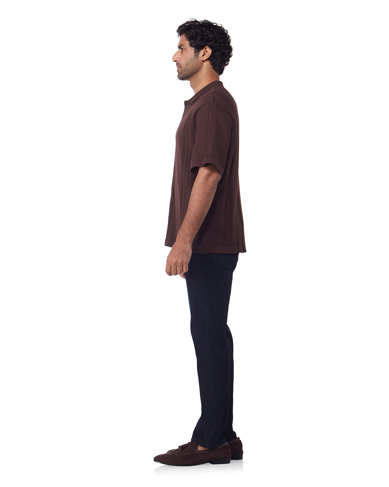 Brown Half-Sleeve Jacquard Flat Knit Shirt