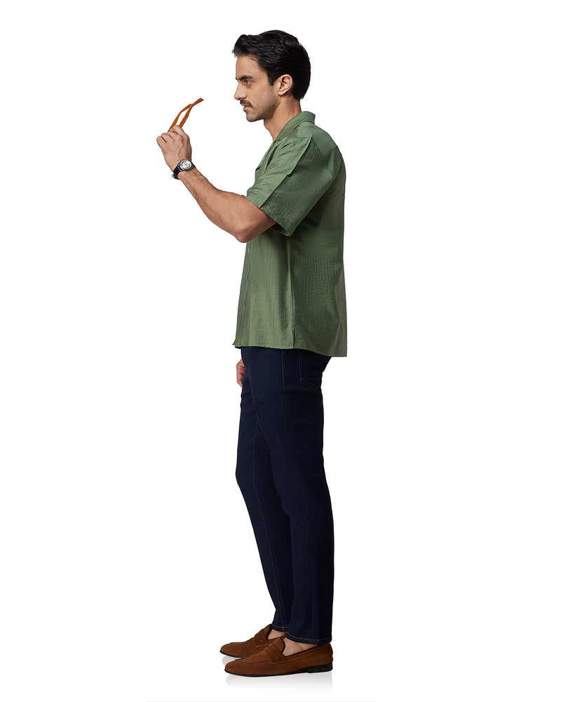 Green Half-Sleeve Self-Striped Dobby Shirt