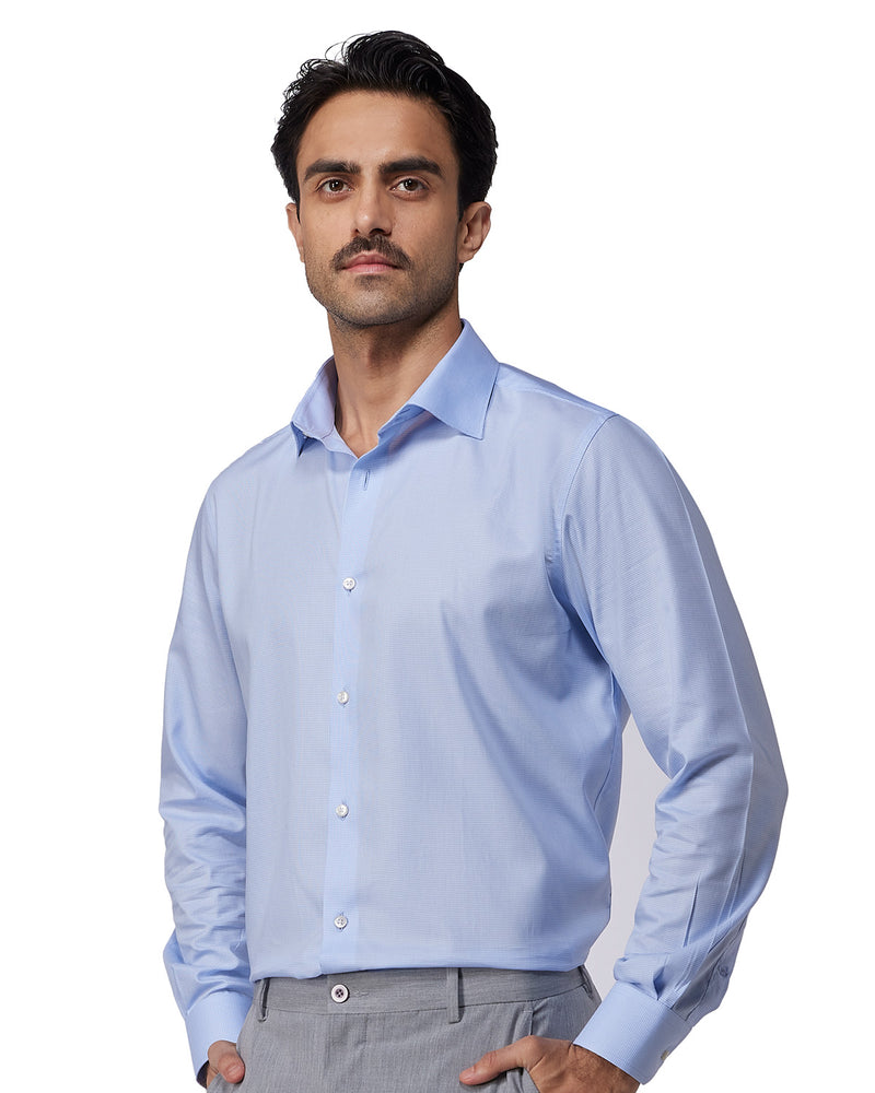 Light Blue Twill Micro-Checked Shirt