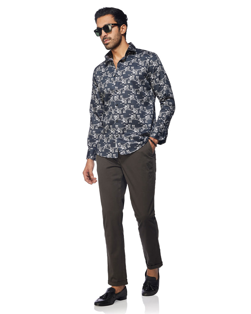 Grey & Black Floral Printed Shirt