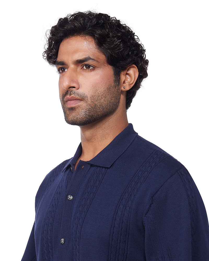 Blue Half-Sleeve Jacquard Flat Knit Shirt