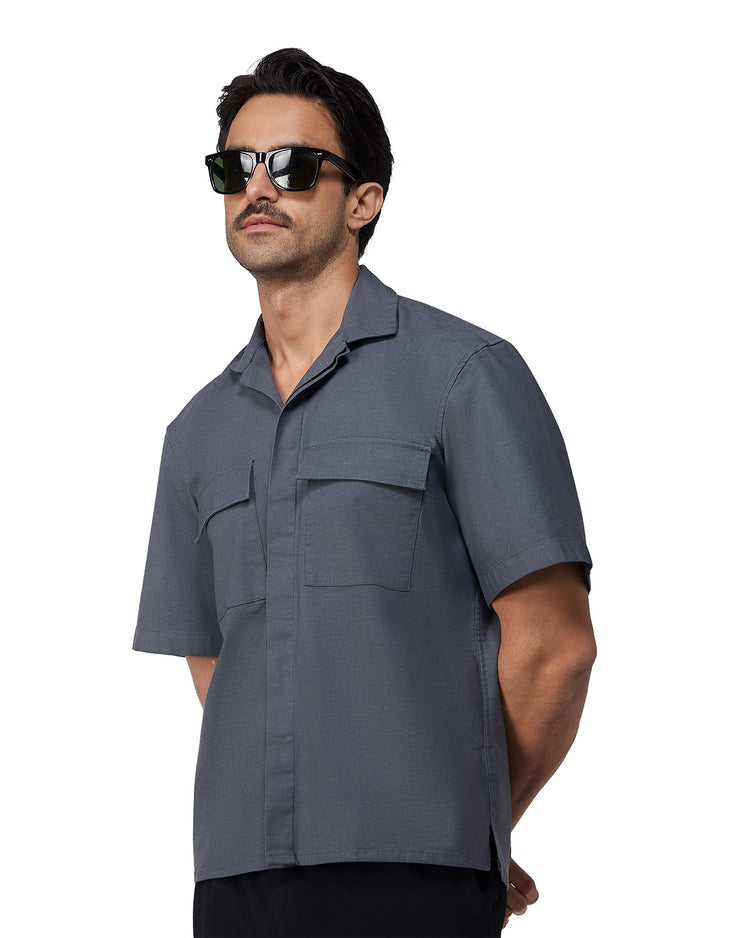 Dark Grey Half-Sleeve Stretch Denim Shirt